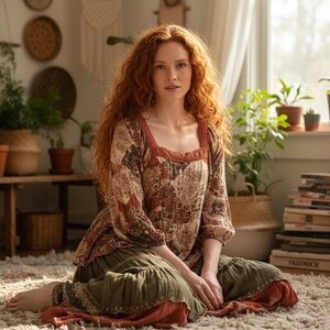 Maurices Square Neck Puffy Sleeve Fall Bohemian Floral Blouse Size XXL